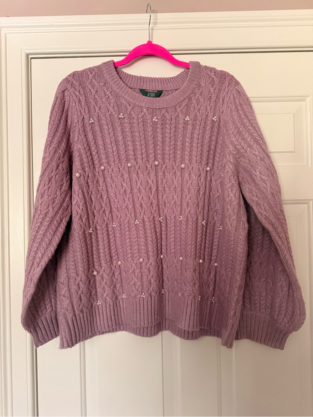 Terra & Sky Mauve Cable Knit Crewneck Sweater with Pearls